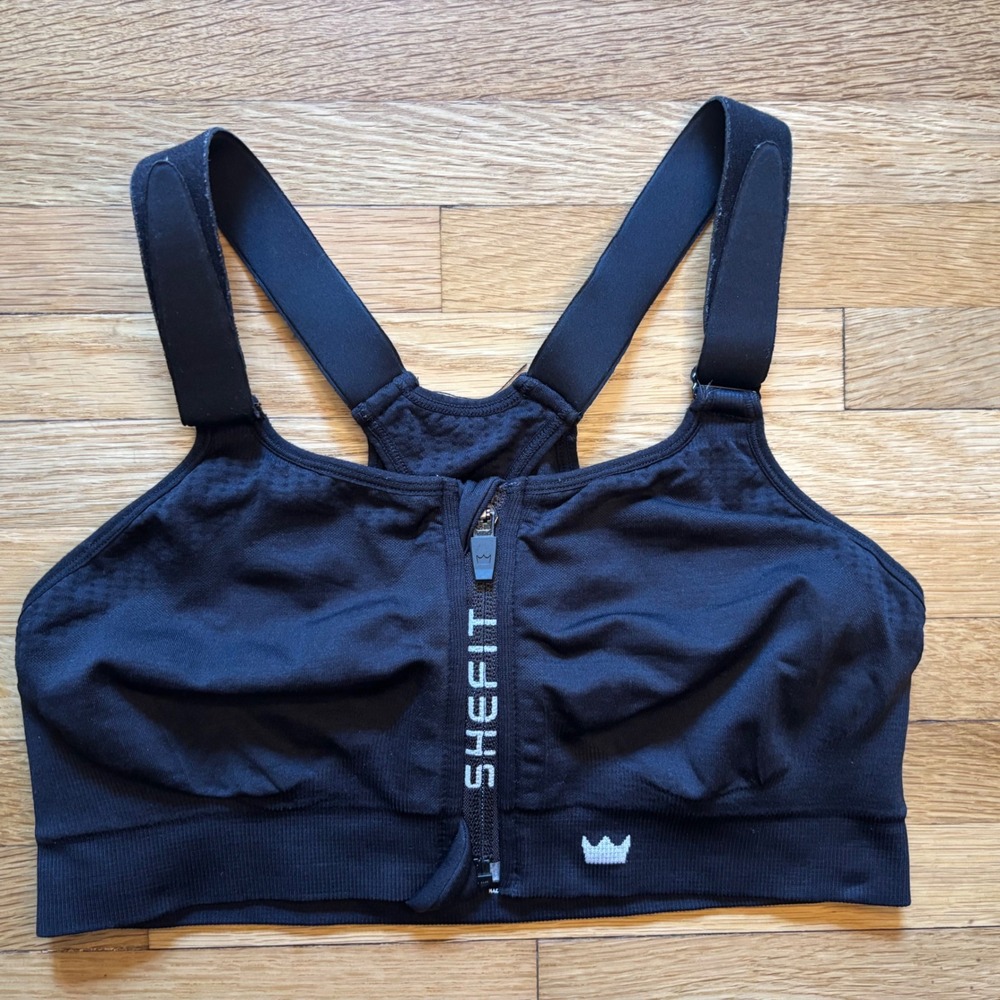SHEFIT Low Impact Sports Bra Front Zip Women Medium Black Gym Activewear Yoga